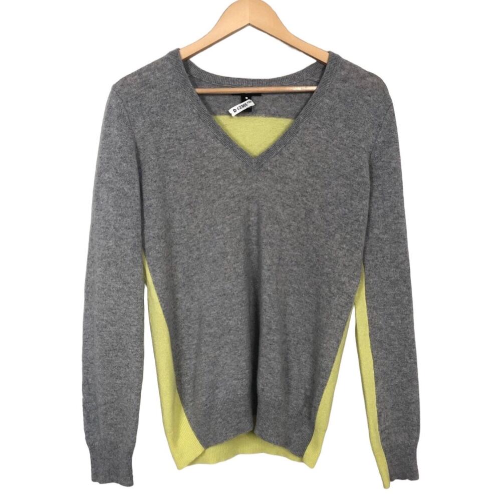 Aqua Color Block Heather Gray & Neon Yellow 100% Cashmere V Neck Sweater Size M